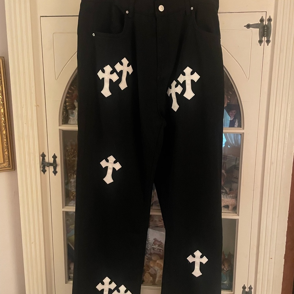 Chrome hearts unbranded  Black Pants with White Cross Pattern 34” waist